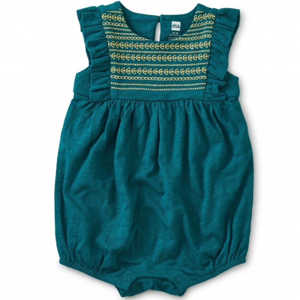 Tea Collection Teal & Gold Embroidered Princess Romper